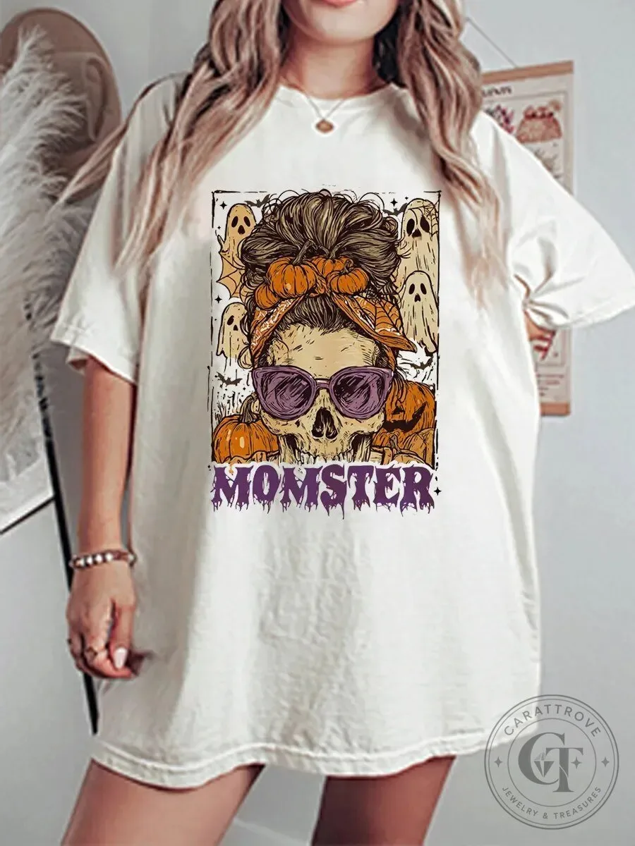 Momster Skull Messy Bun Halloween Ghosts Pumpkins Graphic T-Shirt