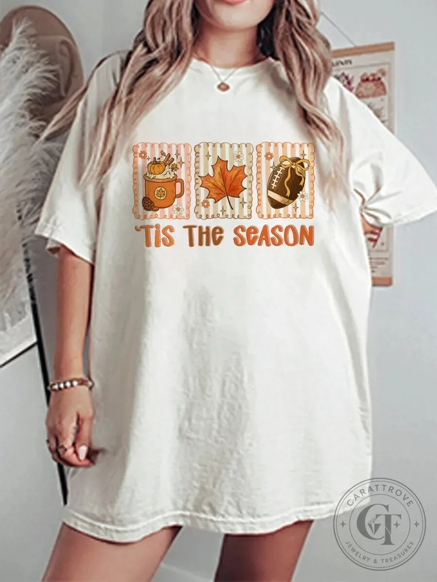 Tis The Season Autumn Fall Pumpkin Spice Latte Football Graphic T-Shirt