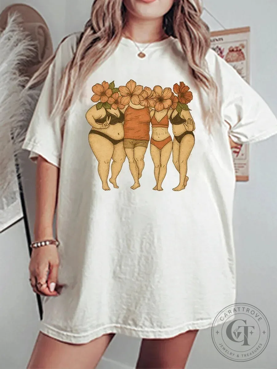 Vintage Body Line Oversize Graphic T-Shirt for Women, Empowering Floral Design