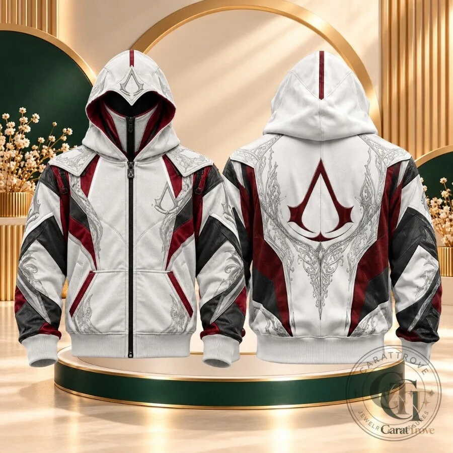 Creed Hoodie Assassin's Creed Full Zip Mask Hoodie White Burgundy Gaming Cosplay Jacket