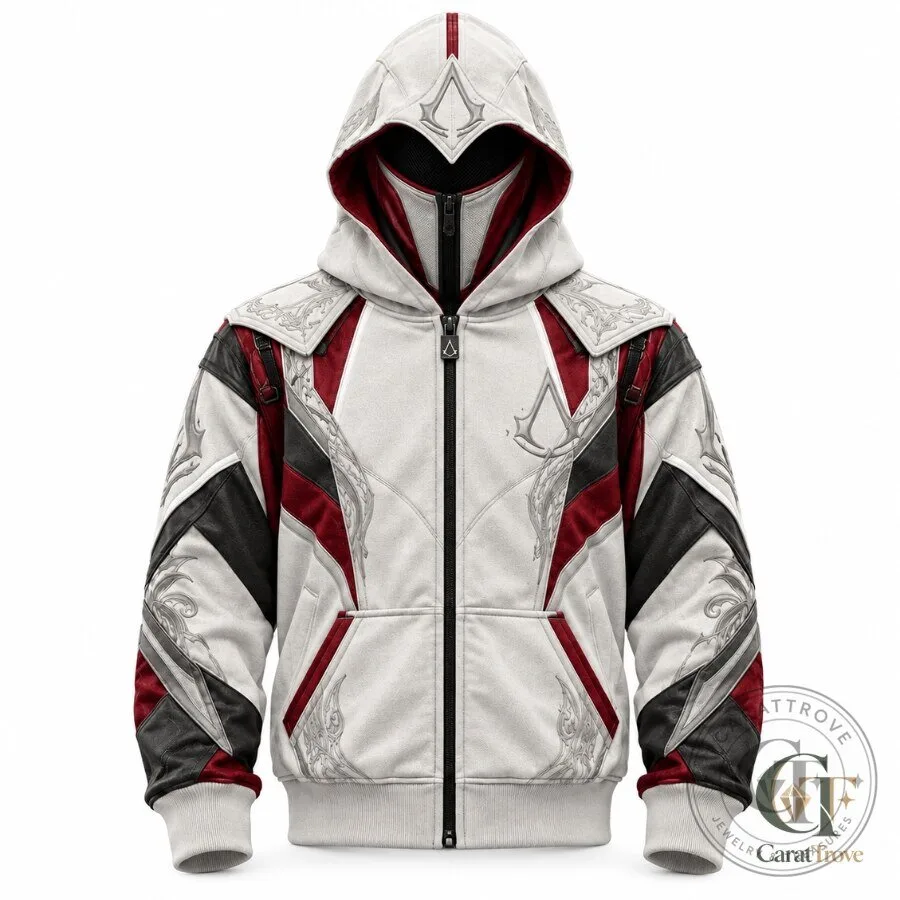 Creed Hoodie Assassin's Creed Full Zip Mask Hoodie White Burgundy Gaming Cosplay Jacket Creed Hoodie Assassin's Creed Full Zip Mask Hoodie White Burgundy Gaming Cosplay Jacket – image 2 of 5