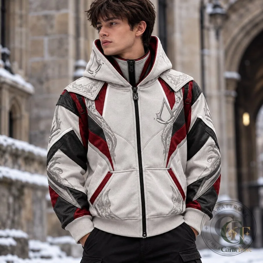 Creed Hoodie Assassin's Creed Full Zip Mask Hoodie White Burgundy Gaming Cosplay Jacket Creed Hoodie Assassin's Creed Full Zip Mask Hoodie White Burgundy Gaming Cosplay Jacket – image 3 of 5