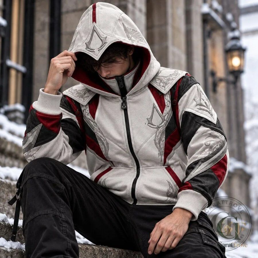 Creed Hoodie Assassin's Creed Full Zip Mask Hoodie White Burgundy Gaming Cosplay Jacket Creed Hoodie Assassin's Creed Full Zip Mask Hoodie White Burgundy Gaming Cosplay Jacket – image 4 of 5