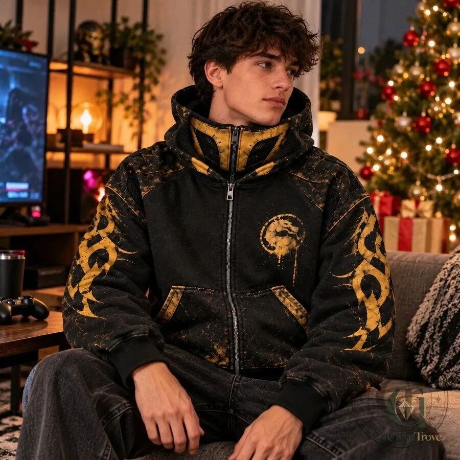 H&M x Mortal Kombat Scorpion Hoodie With Mask Black Gold Grunge Zip-Up