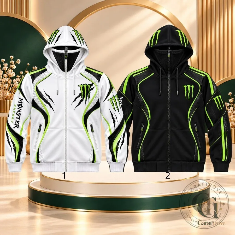 Monster Energy Full Zip Mask Hoodie Black White Cat 2 Streetwear Jacket